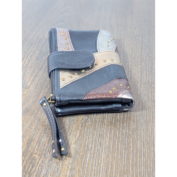 VTG Fossil Leather Wallet Black Gold Patchwork Studded Bi-fold Zip Snap Boho Y2K - Picture 3 of 14